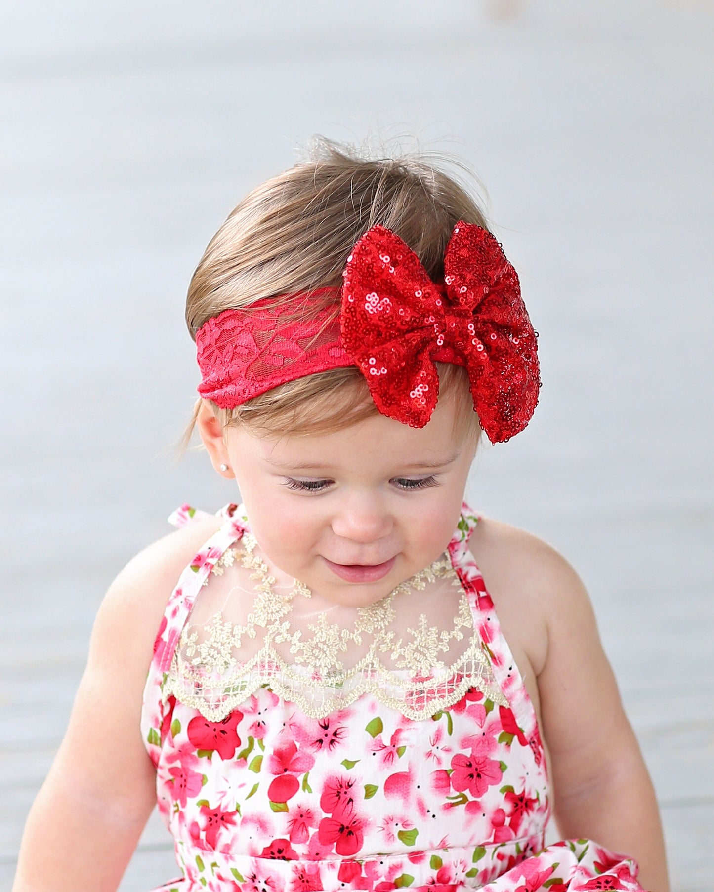 Red Sequin Bow on Lace Headband - Red Sequin Headband - Red Bow