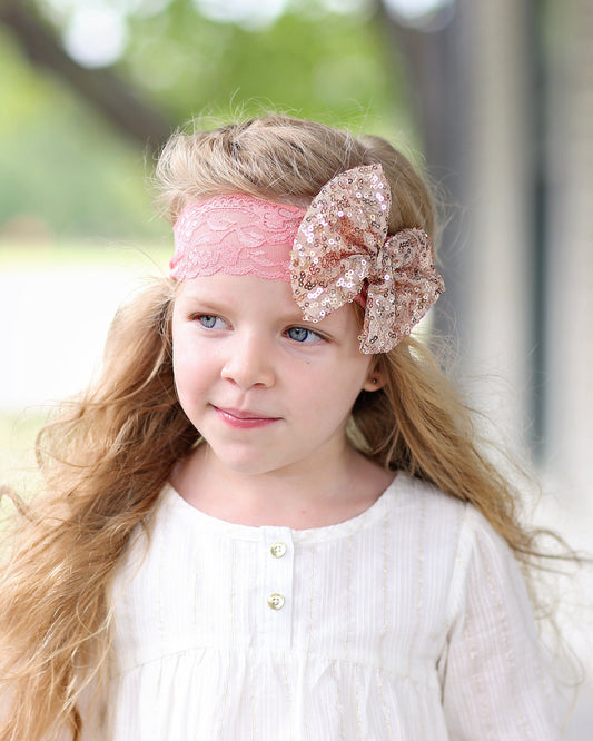 Coral and Rose Gold Sequin Bow on Lace Headband -Rose Gold Sequin Headband - Coral Bow