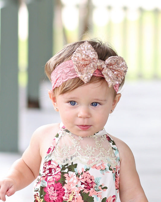 Coral and Rose Gold Sequin Bow on Lace Headband -Rose Gold Sequin Headband - Coral Bow