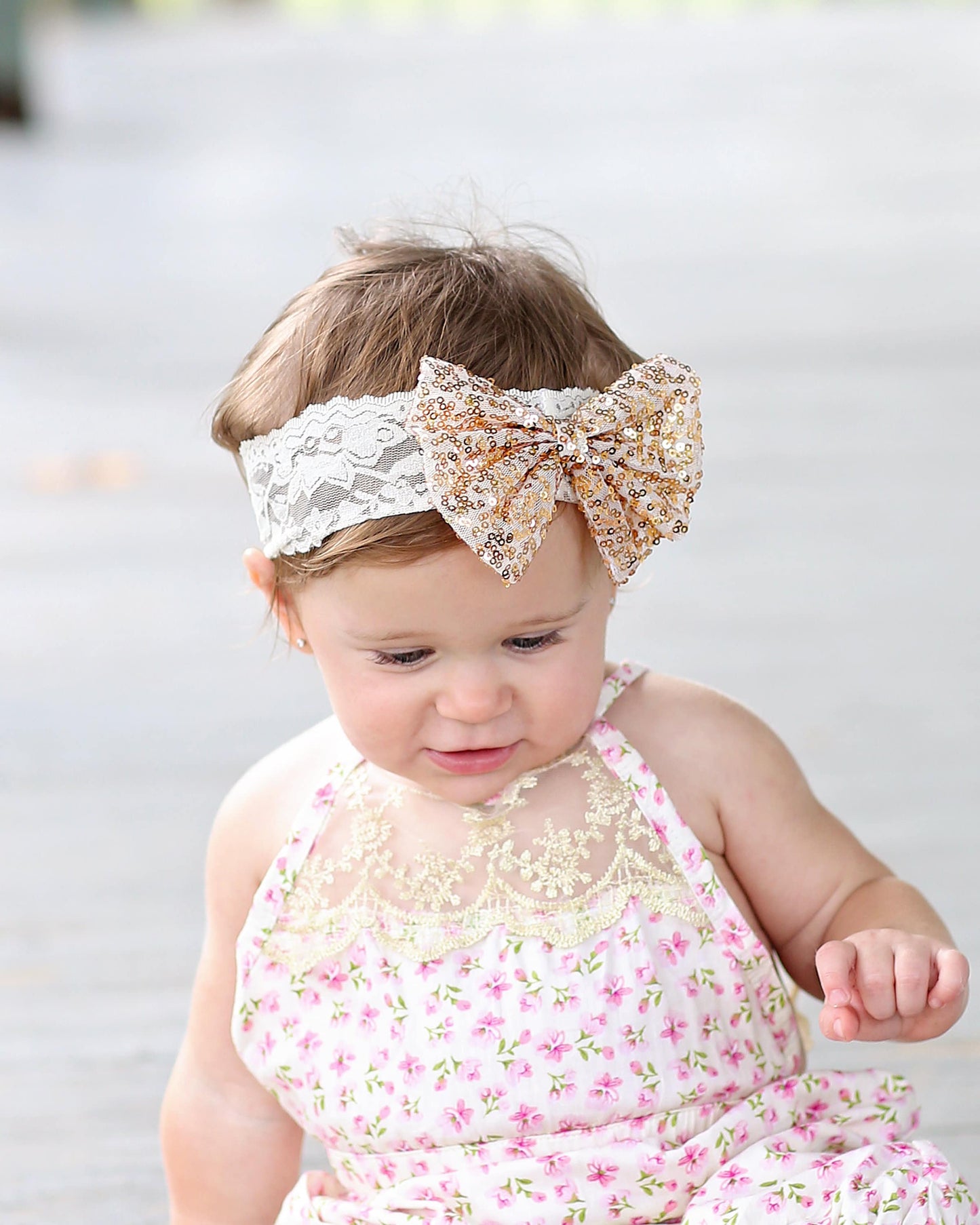 Gold Sequin Bow on Lace Headband - Gold Sequin Headband - Ivory and Gold Bow