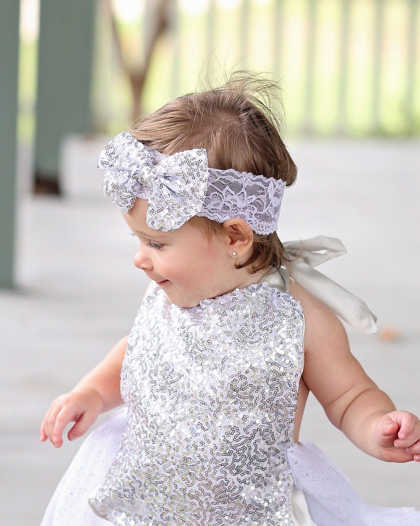 Silver Sequin Bow on Lace Headband - Silver Sequin Headband - Silver Bow