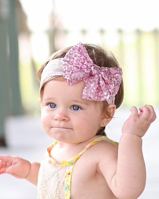 Pink Sequin Bow on Lace Headband -Pink Sequin Headband - Pink Bow