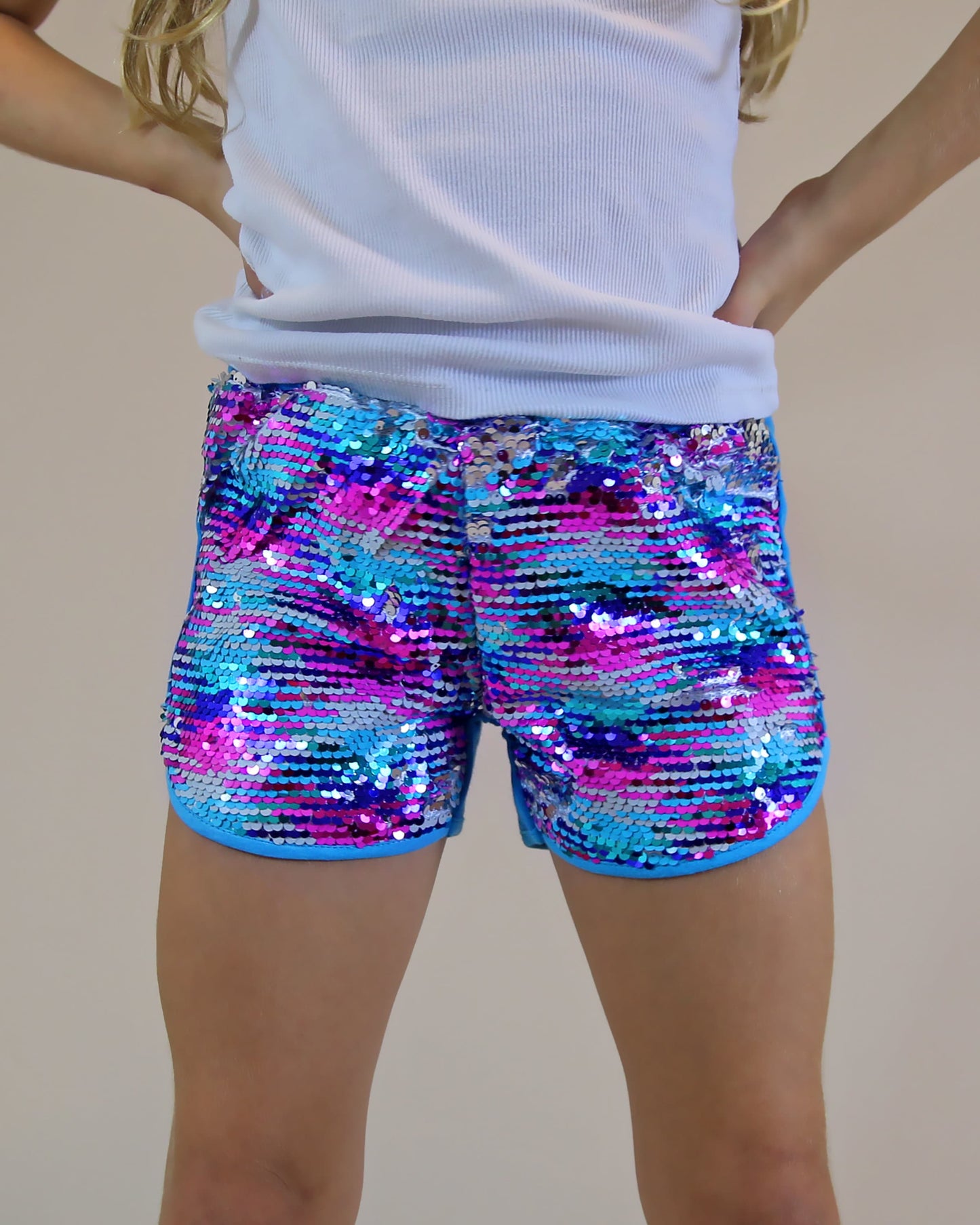 Flip Sequin Shorts in Turquoise and Hot Pink Mix