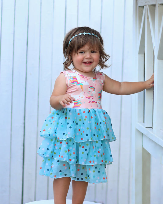 Tutu Dress in Pink and Aqua Polka Dot Unicorns