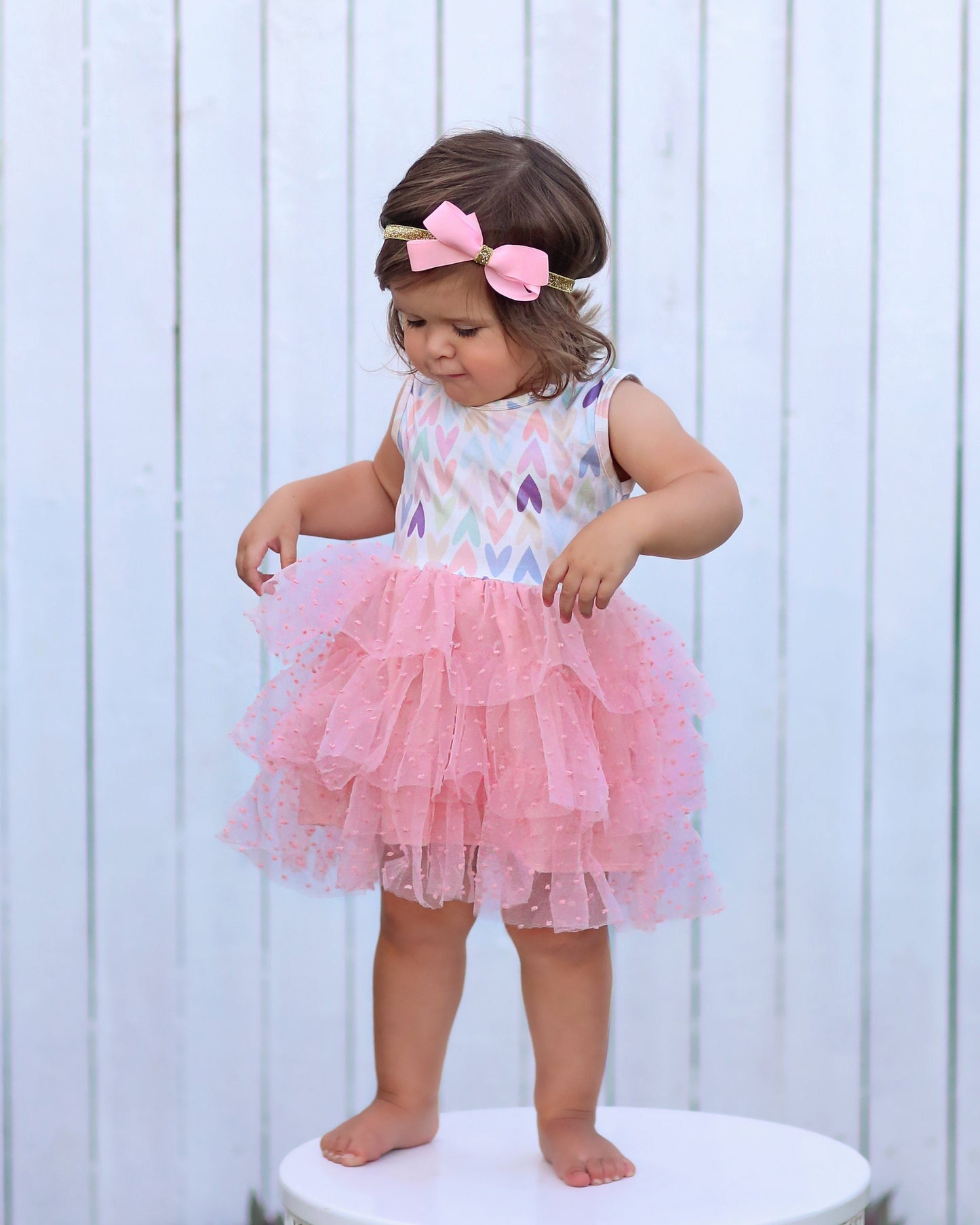 Tutu Dress in Pink Swiss with Pastel Hearts