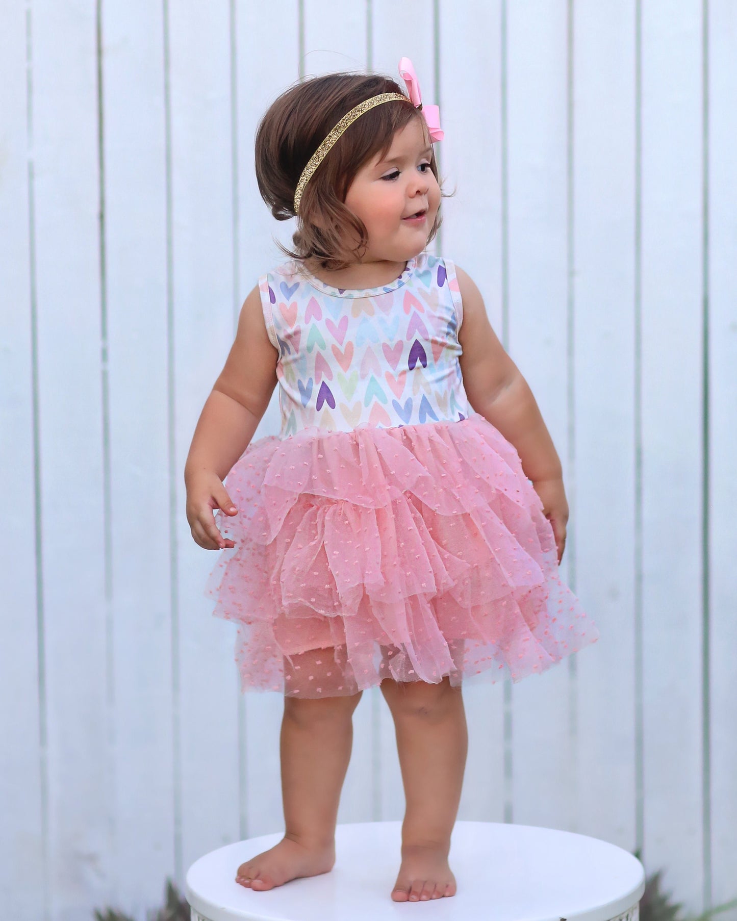 Tutu Dress in Pink Swiss with Pastel Hearts