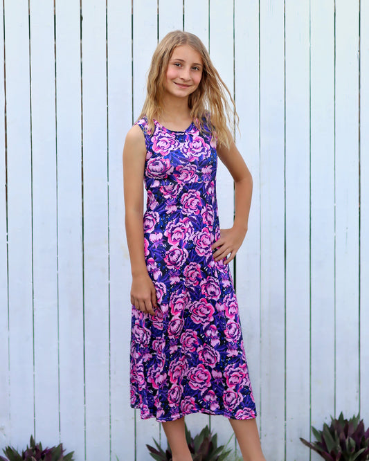 Purple and Hot Pink Roses Maxi Dress - Girls Dress - Maxi Dress - Birthday Dress - Party Dress - Roses Maxi Dress