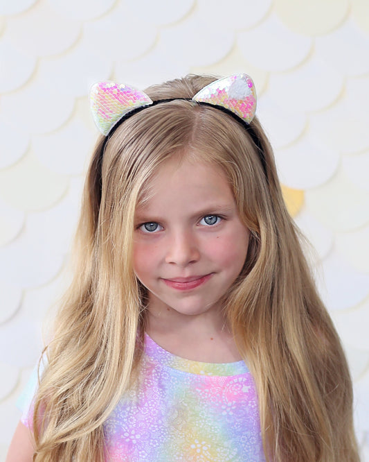 White Cat Ear Sequin Headband - Sequin Cat Headband -  White Cat Headband - White Reversible Sequins - Sequin Headband -Sequin Cat Ears