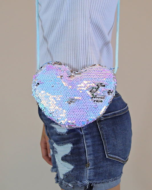 Ice Blue Heart Sequin Purse - Flip Sequin Heart Bag - Blue Girls Heart Purse - White Heart Bag