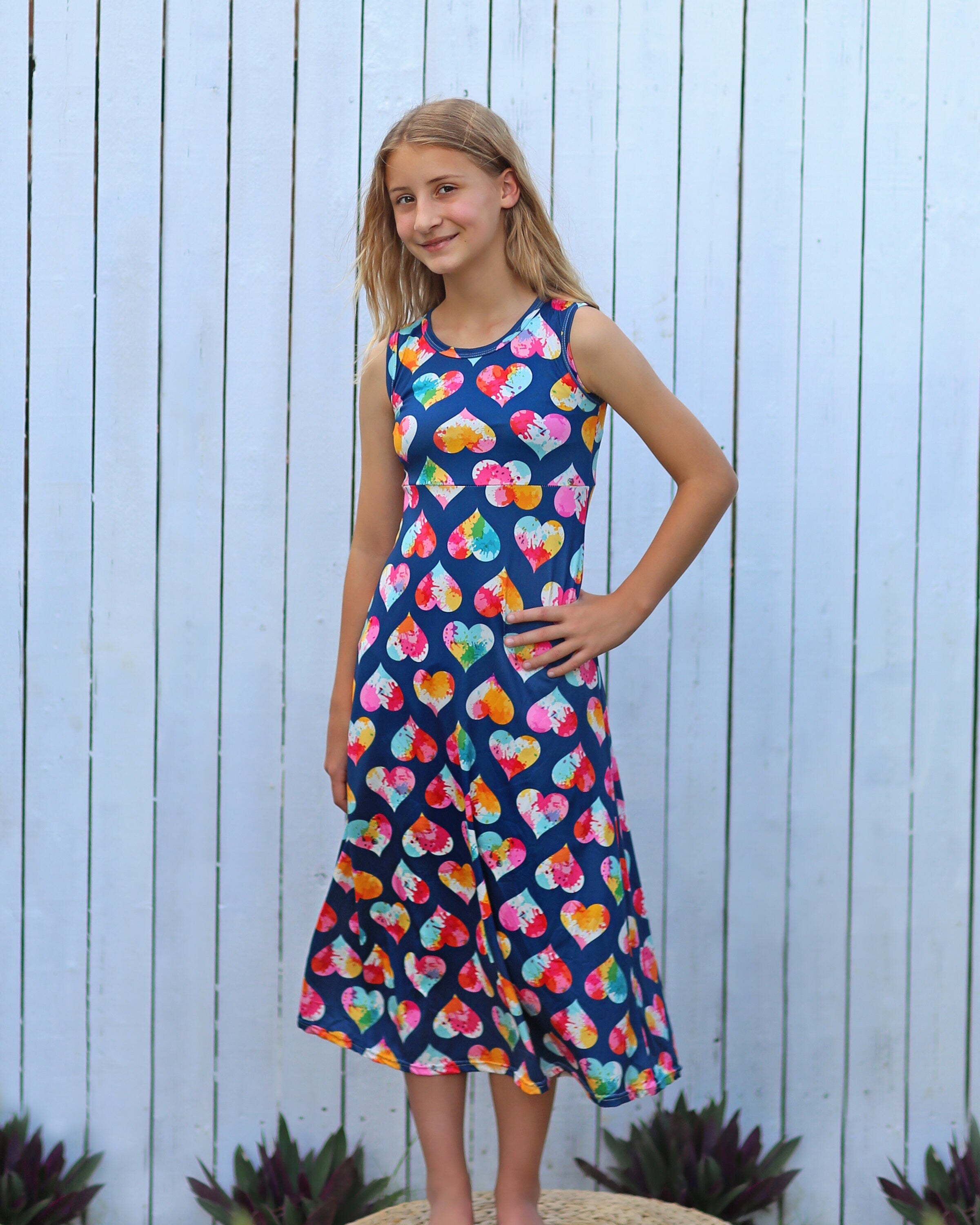 Blue and Rainbow Hearts Maxi Dress - Girls Dress - Maxi Dress - Birthday Dress - Party Dress - Blue Heart Maxi Dress