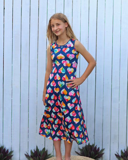 Blue and Rainbow Hearts Maxi Dress - Girls Dress - Maxi Dress - Birthday Dress - Party Dress - Blue Heart Maxi Dress