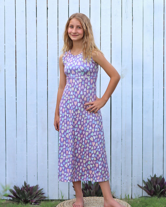 Lavender and Pastel Hearts Maxi Dress - Girls Dress - Maxi Dress - Birthday Dress - Party Dress - Pastel Heart Maxi Dress