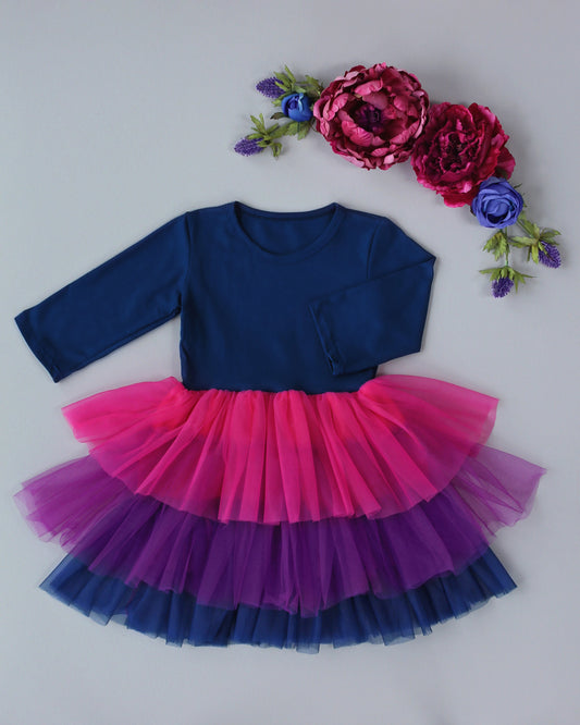 3/4 Sleeve Tutu Dress in Hot Pink and Navy Ombre