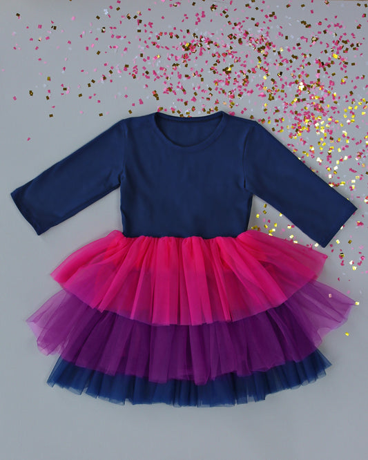 3/4 Sleeve Tutu Dress in Hot Pink and Navy Ombre