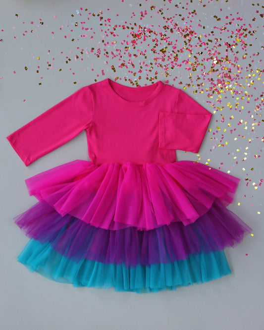 3/4 Sleeve Tutu Dress in Hot Pink, Teal, Purple