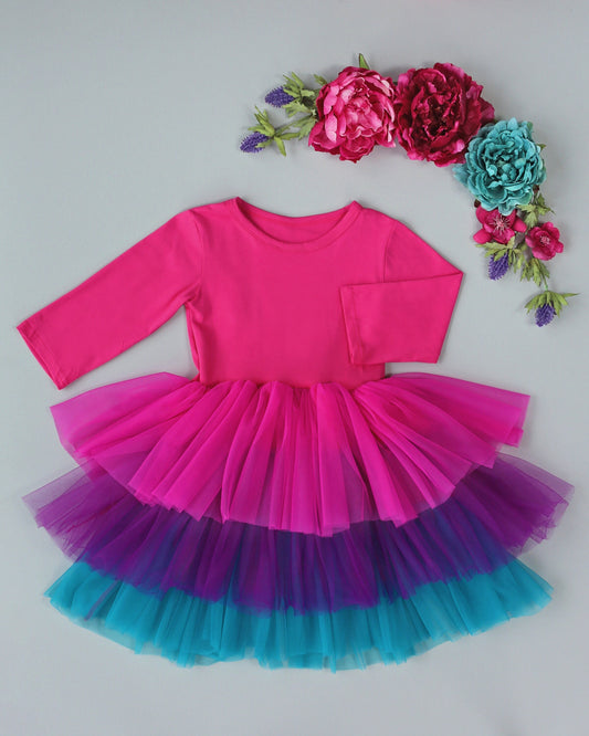 3/4 Sleeve Tutu Dress in Hot Pink, Teal, Purple