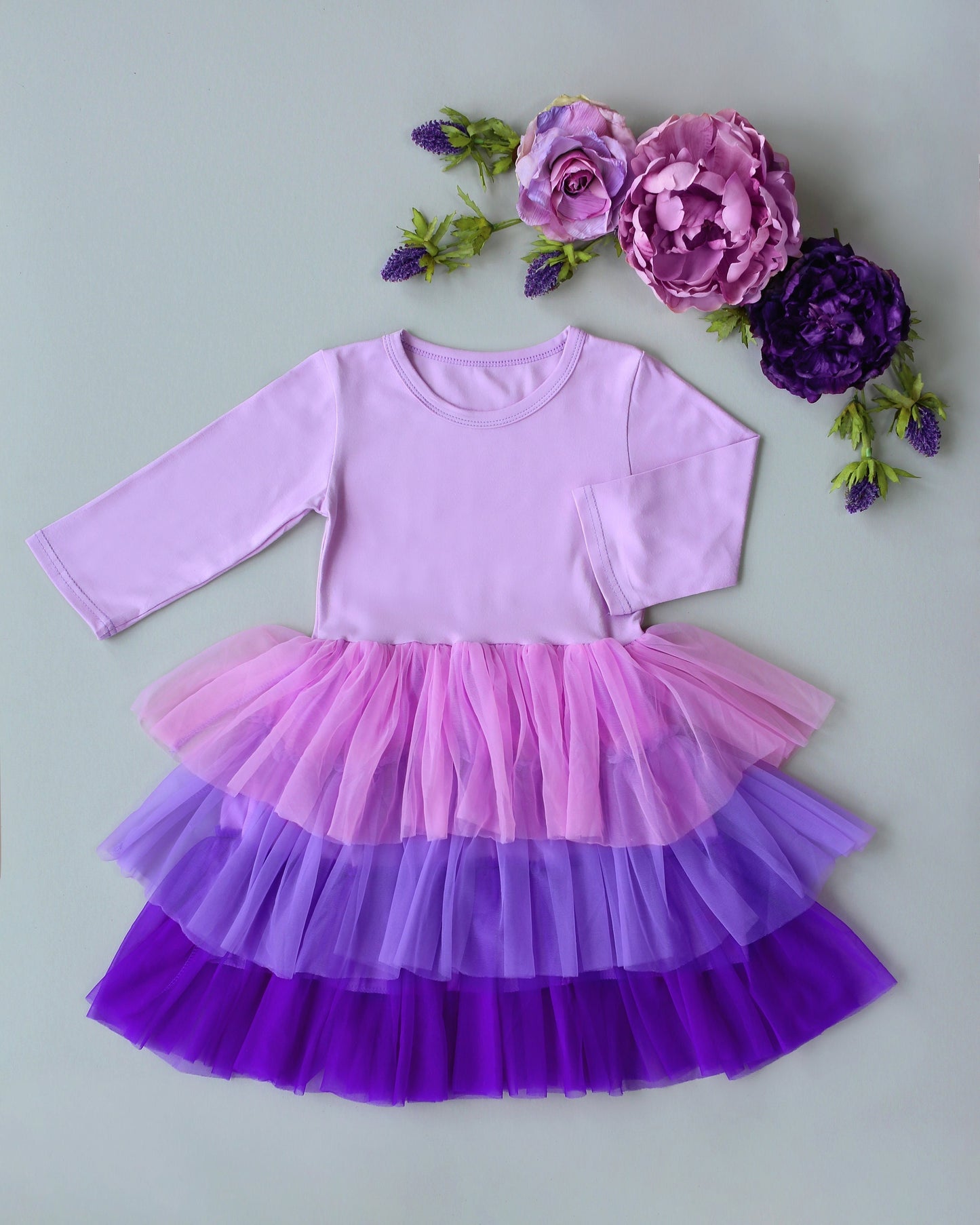 3/4 Sleeve Tutu Dress in Purple Ombre