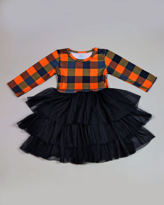 3/4 Sleeve Tutu Dress in Black and Orange Checks