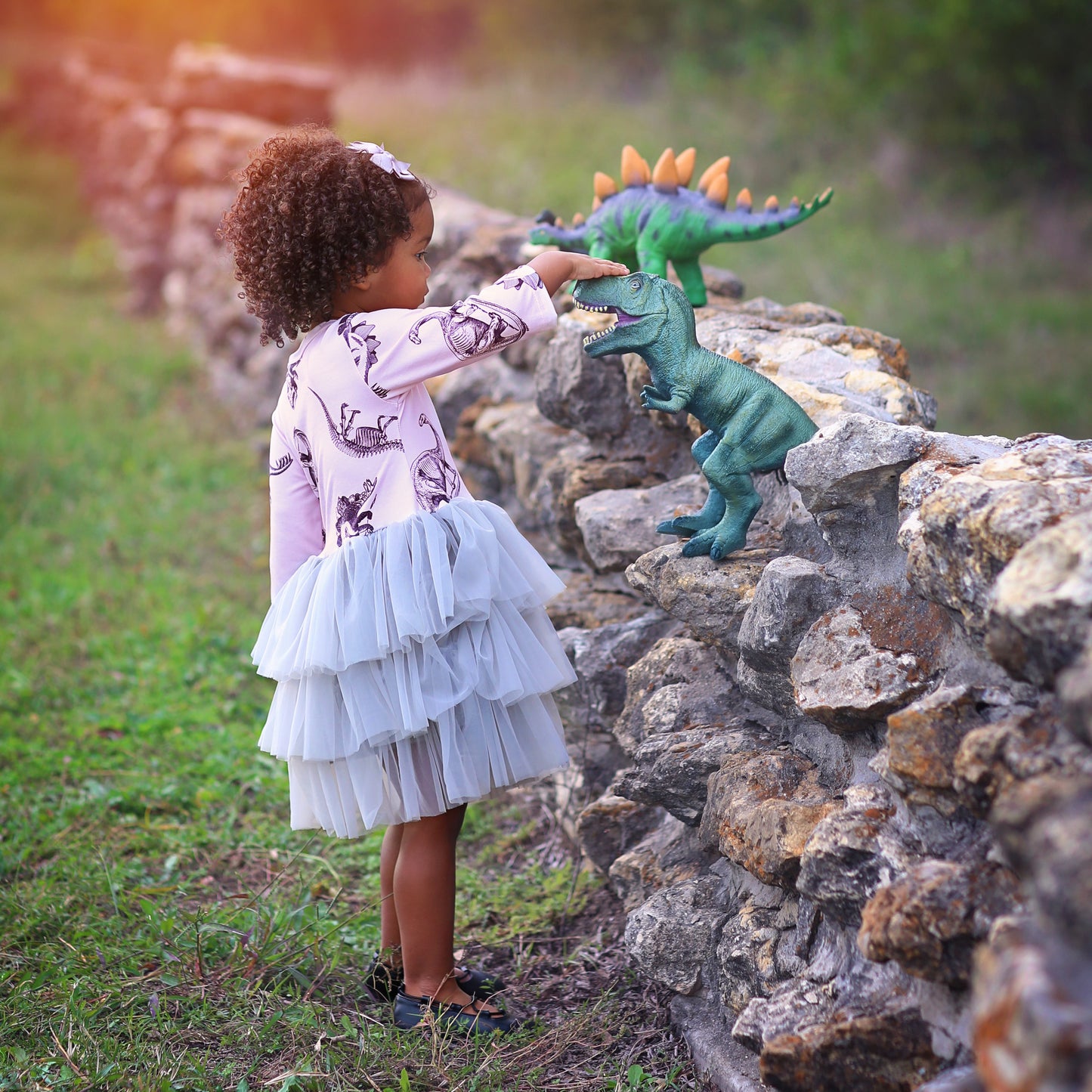 3/4 Sleeve Tutu Dress in Pink and Gray Dinos