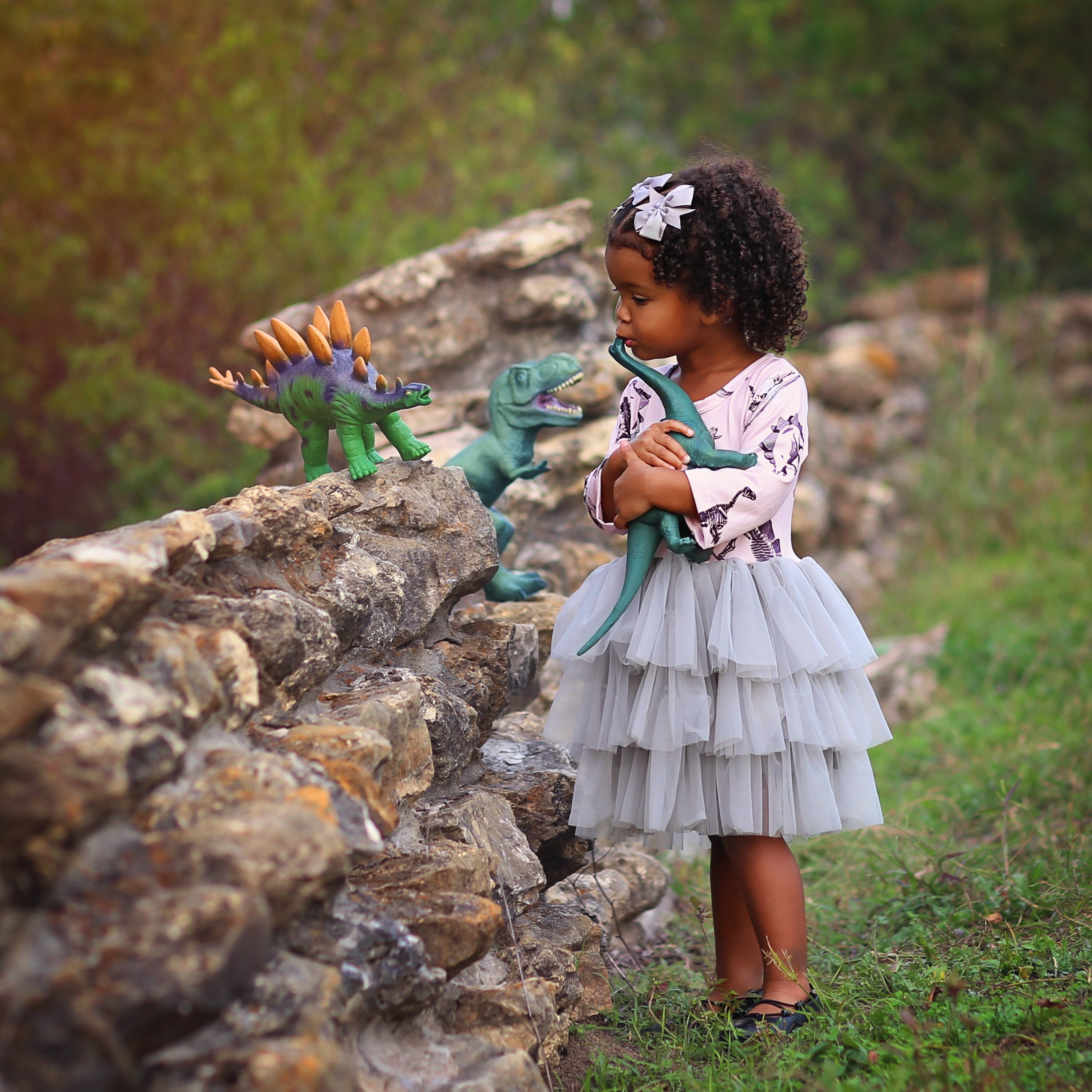 3/4 Sleeve Tutu Dress in Pink and Gray Dinos