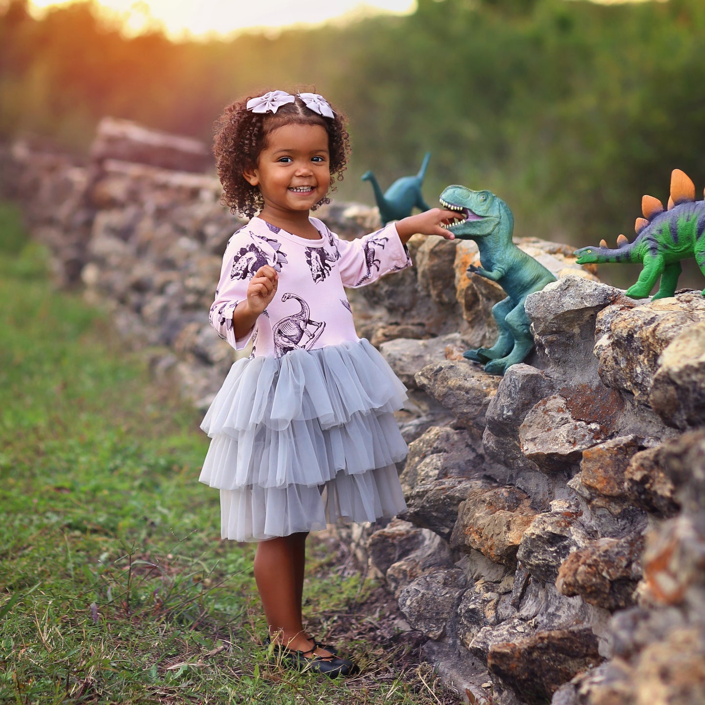 3/4 Sleeve Tutu Dress in Pink and Gray Dinos