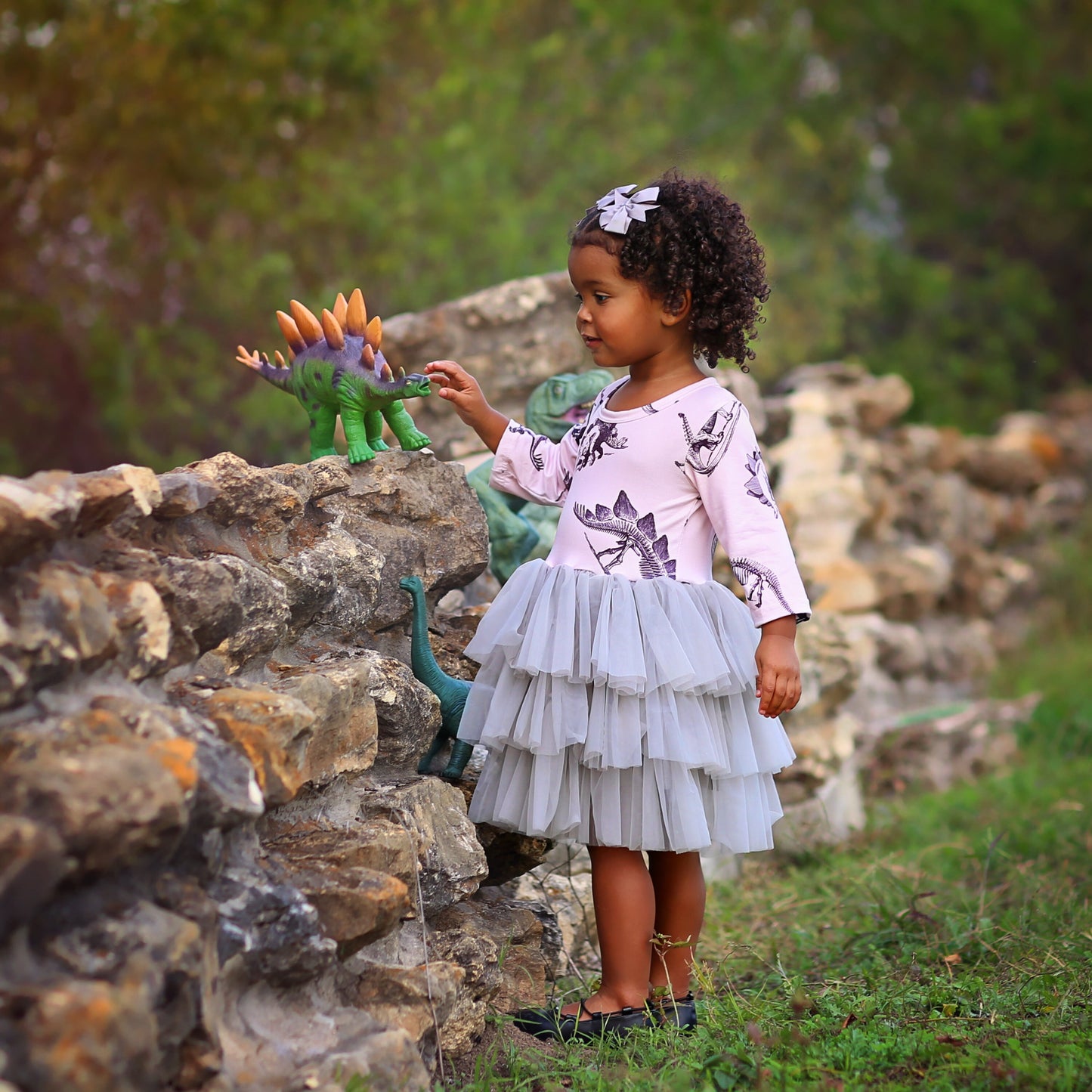 3/4 Sleeve Tutu Dress in Pink and Gray Dinos