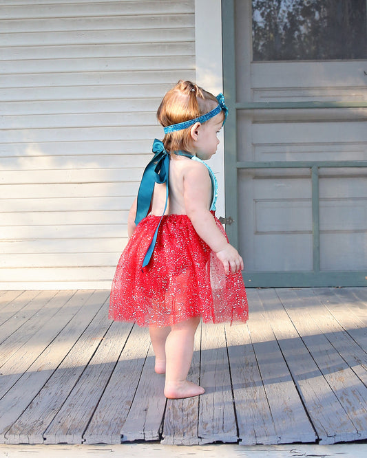 Romper - Tulle skirted, Skirted, Sequin Top Romper - Sequin Romper - Princess - Birthday Romper - Photoshoot - Red and Teal Romper