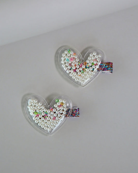 Heart White Pearl Shaker Hair Clip Pair - Confetti Hair Clips - Rainbow Hair Clips - Clear Shaker Hair Clips - Pigtail Clips