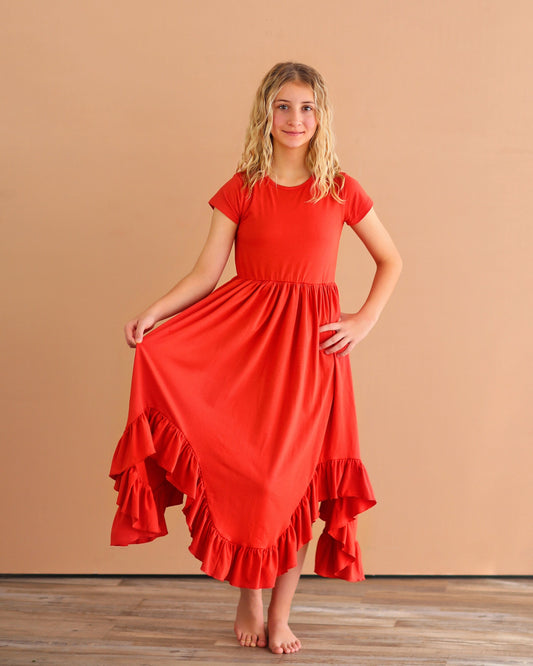Red Boho Dress - Long Ruffle Dress - High-low Hem Ruffle Dress - Full Skirt Red Dress - Twirly Dress