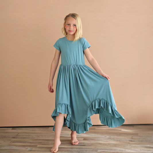 Teal Boho Dress - Long Ruffle Dress - High-low Hem Ruffle Dress - Full Skirt Red Dress - Turquoise Twirly Dress