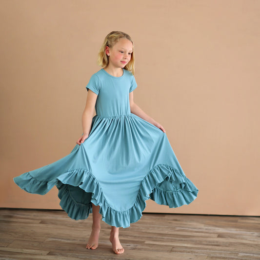 Teal Boho Dress - Long Ruffle Dress - High-low Hem Ruffle Dress - Full Skirt Red Dress - Turquoise Twirly Dress