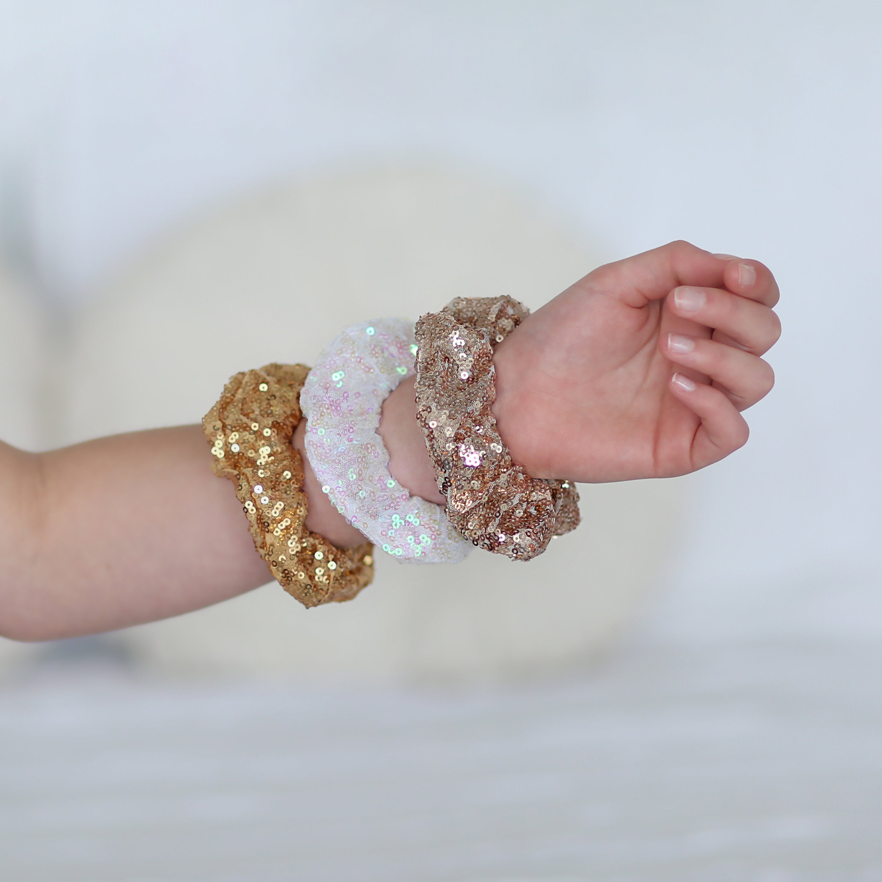 3 Sequin Hair Scrunchies - Scrunchie Set - Gold, White and Rose Gold Scrunchie set