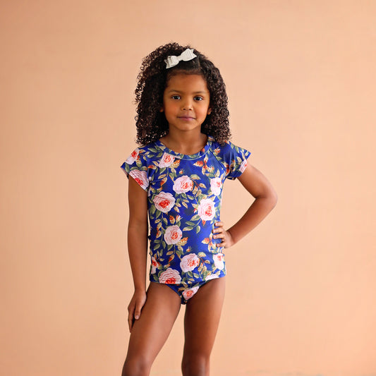 Blue and Peach Roses Swimsuit - Rash Guard Swim Suit - Shirt Swim Suit - Floral Bathing Suit