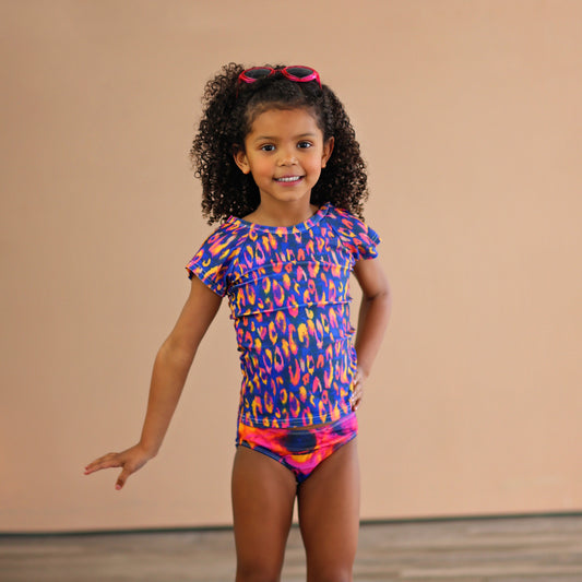 Blue, Red and Yellow Leopard Swimsuit - Rash Guard Swim Suit - Shirt Swim Suit - Bathing Suit