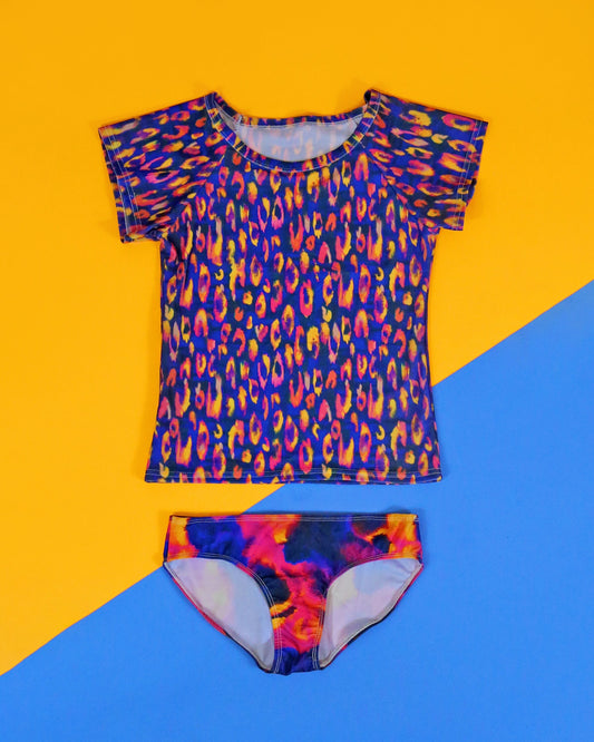 Blue, Red and Yellow Leopard Swimsuit - Rash Guard Swim Suit - Shirt Swim Suit - Bathing Suit