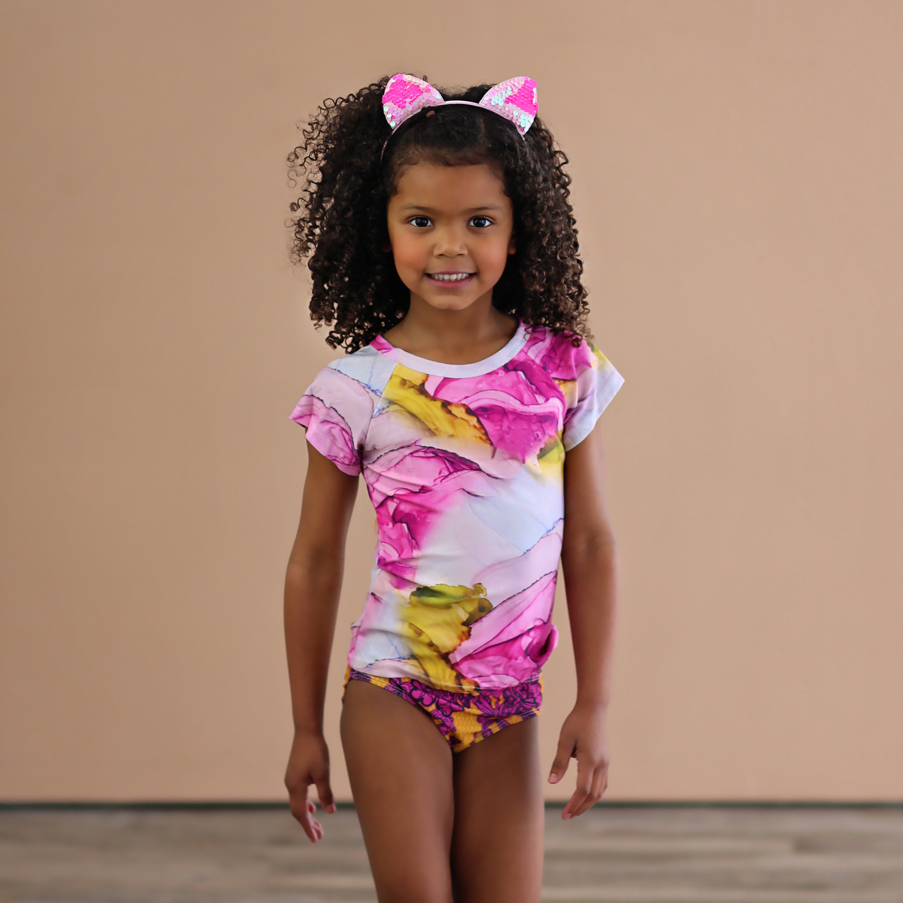 Pink and Yellow Marble Swimsuit - Rash Guard Swim Suit - Shirt Swim Suit - Marble Bathing Suit