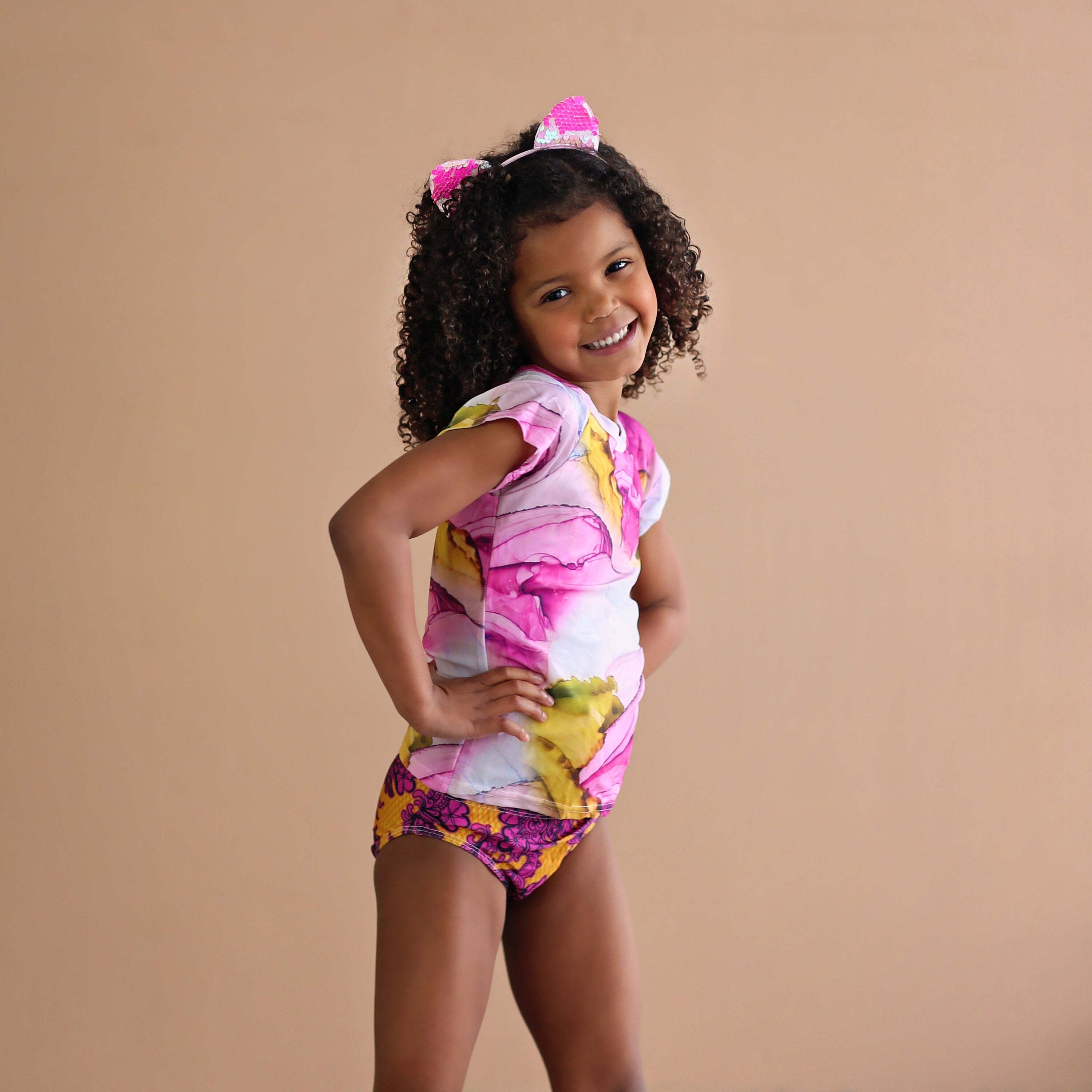 Pink and Yellow Marble Swimsuit - Rash Guard Swim Suit - Shirt Swim Suit - Marble Bathing Suit