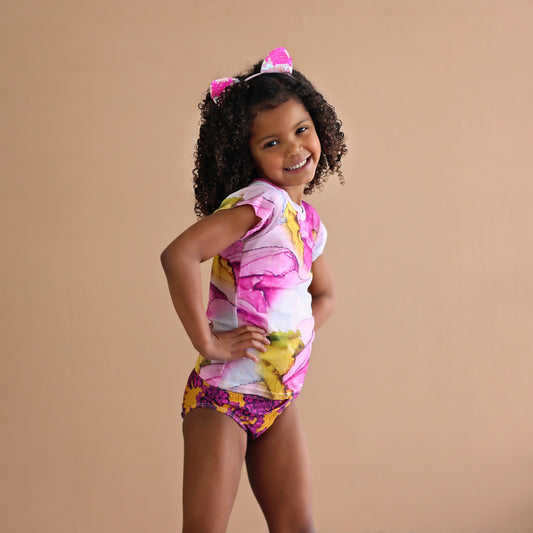Pink and Yellow Marble Swimsuit - Rash Guard Swim Suit - Shirt Swim Suit - Marble Bathing Suit