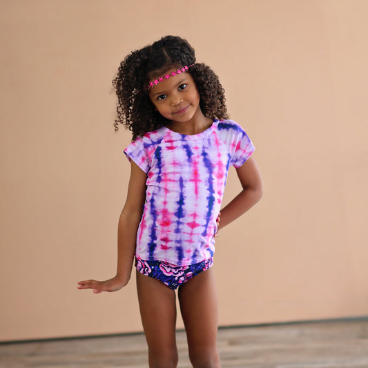 Pink and Purple Tie Dye Swimsuit - Rash Guard Swim Suit - Shirt Swim Suit - Roses Bathing Suit