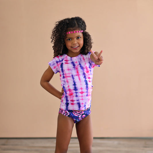 Pink and Purple Tie Dye Swimsuit - Rash Guard Swim Suit - Shirt Swim Suit - Roses Bathing Suit