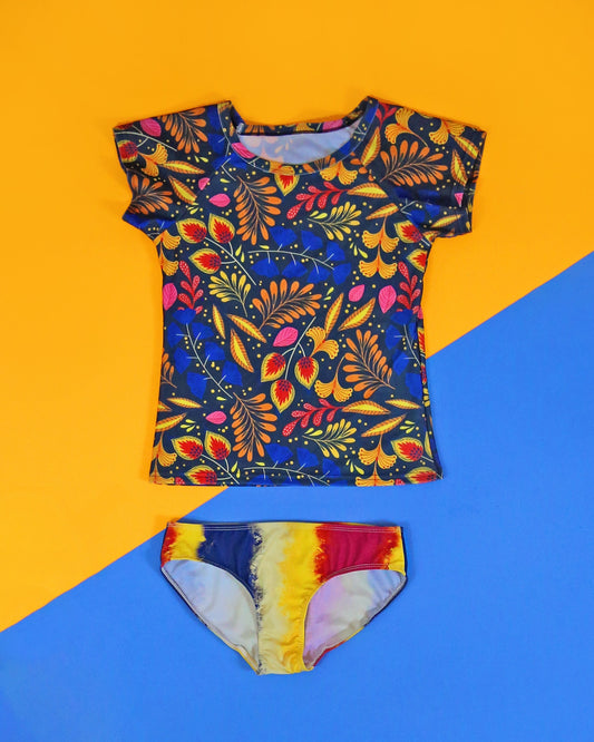 Blue, Red and Yellow Leaf Swimsuit - Rash Guard Swim Suit - Shirt Swim Suit - Tie Dye Bathing Suit