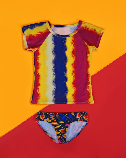Blue, Red and Yellow Tie Dye Swimsuit - Rash Guard Swim Suit - Shirt Swim Suit - Tie Dye Bathing Suit