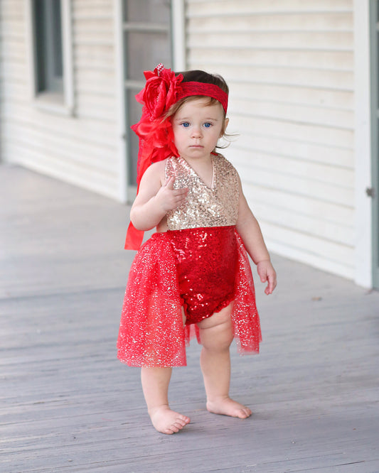 Romper - Tulle skirted, Skirted, Sequin Top Romper - Sequin Romper - Princess - Birthday Romper - Photoshoot - Red and Gold Romper