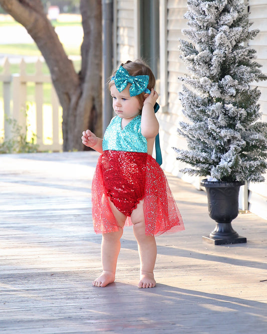 Romper - Tulle skirted, Skirted, Sequin Top Romper - Sequin Romper - Princess - Birthday Romper - Photoshoot - Red and Teal Romper