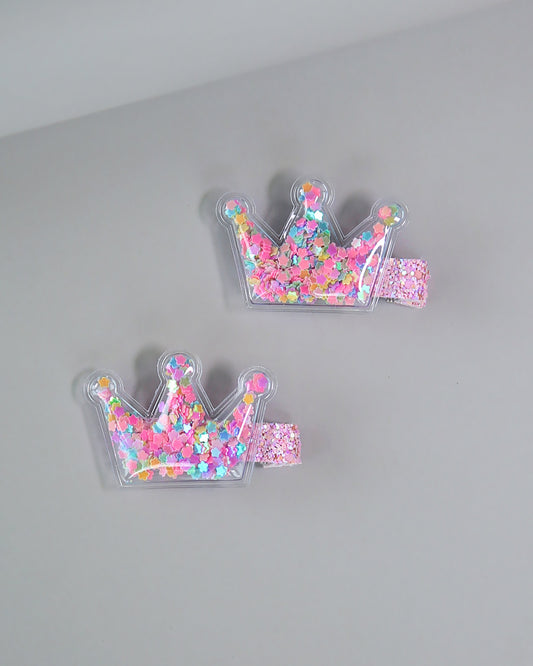 Crown Confetti Hair Clip Pair - Sequin Hair Clips -  Confetti Hair Clips - Rainbow Hair Clips - Clear Shaker Hair Clips - Pigtail Clips