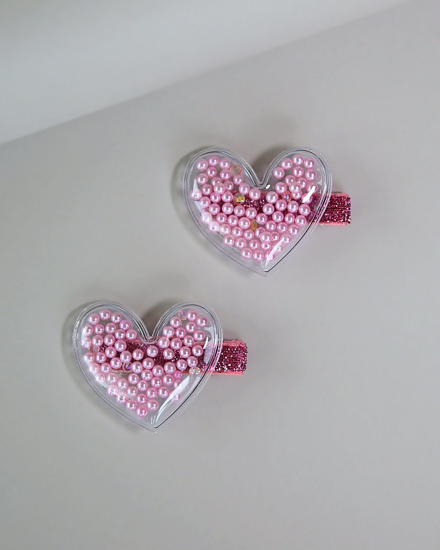 Heart Pink Pearl Shaker Hair Clip Pair - Confetti Hair Clips - Rainbow Hair Clips - Clear Shaker Hair Clips - Pigtail Clips