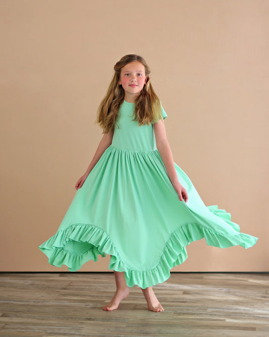 Mint Boho Dress - Long Ruffle Dress - High-low Hem Ruffle Dress - Full Skirt Red Dress - Green Twirly Dress