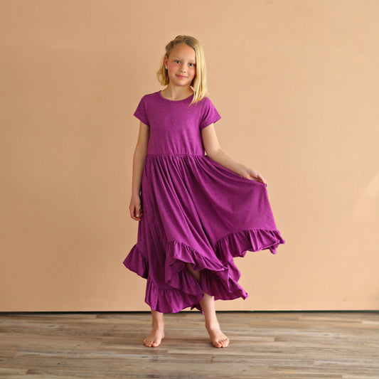 Plum Boho Dress - Long Ruffle Dress - High-low Hem Ruffle Dress - Full Skirt Red Dress - Purple Twirly Dress