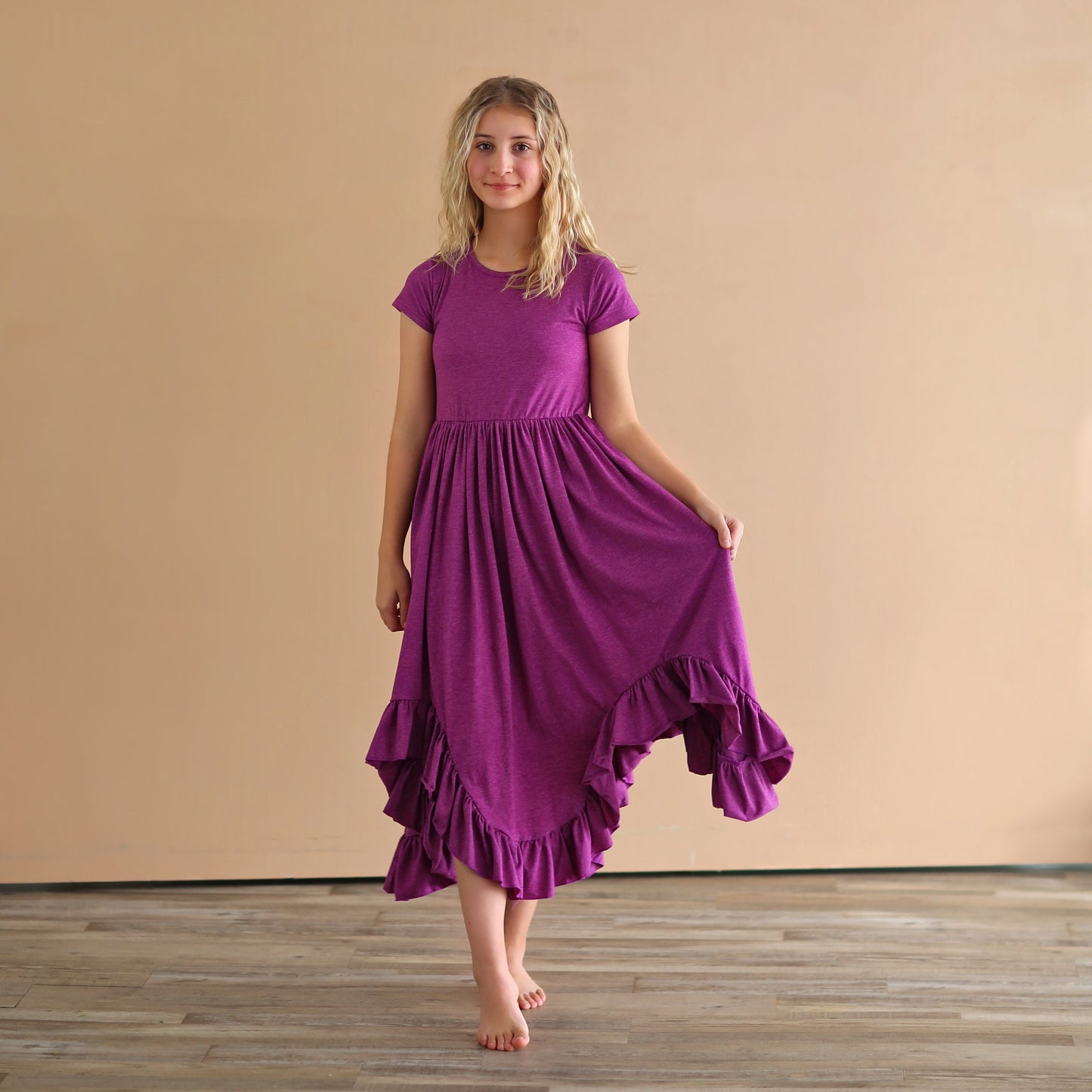 Plum Boho Dress - Long Ruffle Dress - High-low Hem Ruffle Dress - Full Skirt Red Dress - Purple Twirly Dress