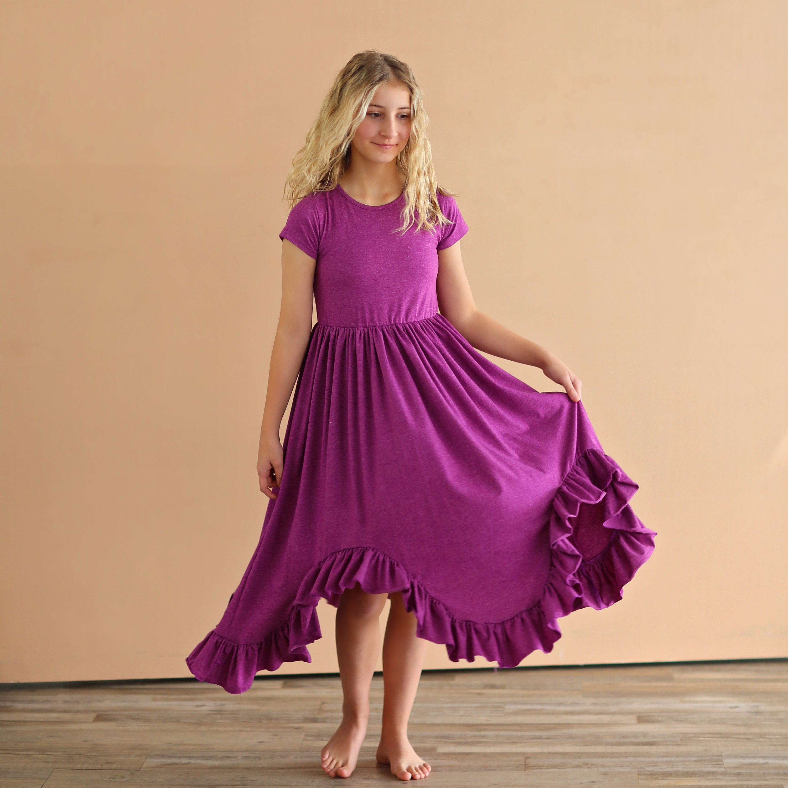 Plum Boho Dress - Long Ruffle Dress - High-low Hem Ruffle Dress - Full Skirt Red Dress - Purple Twirly Dress